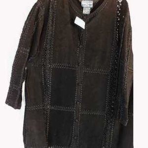 JACKET, SUEDE, TAGS ON, PLUS 2X, BLACK, TUNIC LENGTH,  CROCHET OPENWORK, CROCHET